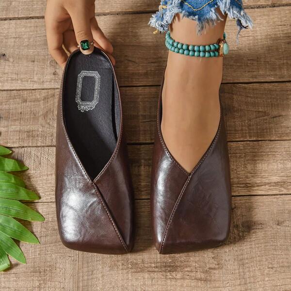 Women's New Square Toe PU Soft Leather 2025 Spring Summer Fashion Comfortable Flat Casual Slip-On Slippers, Versatile