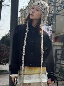 OUTTA BOX Single-Breasted Pocket Long Sleeve Stand Collar Drop Shoulder Solid Color Wool Blend Baseball Jacket, Fashionable & Elegant Casual Suitable For Home, Daily Wear, Party, Autumn/Winter, Christmas, New Year