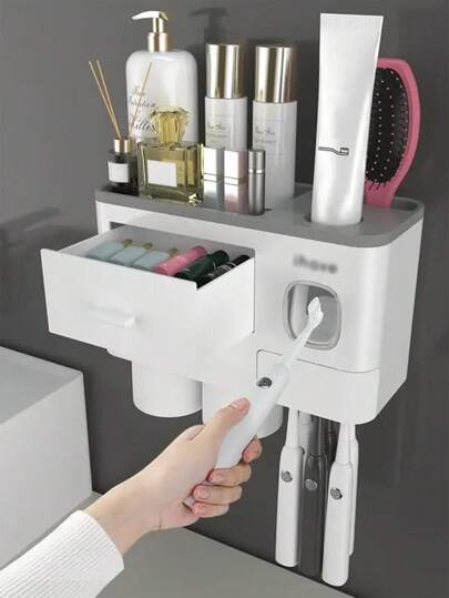 Tandborsthållare för badrum, 2 st väggmonterade tandborsthållare med tandkrämsdispenser - Stor kapacitetsbricka, sminklådor - Badrumsinredning och badrumstillbehör sommar