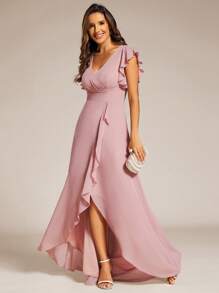 EVERPRETTY Elegant Ruffled Chiffon High-Low Bridesmaid Dress With Backless Design - Baby Pink - View 3