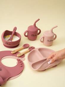 1pc/2PCS/8PCS Custom Baby Tableware Print On Demand Baby Bowl Plate Dishes Personalized Customization Name Baby Bib Soft Baby Spoons And Forks Solid Color Baby Sippy Cup, Son, Daughter,Christmas Gift