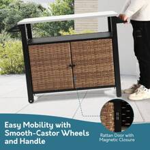Outdoor Kitchen Wicker Island Rolling Cart & Storage Cabinet, Wheels And Stainless Steel Extended Table Top, Side Handle For Patio Kitchen Or Bar Cart