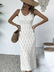女士休闲V领纯色钩针开衩连衣裙，全白夏季款，奶油黄秋季返校款，优雅长款派对连衣裙，适合秋冬季节（图案随机）