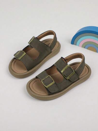 1双男童简约休闲舒适平底防滑凉鞋，时尚金属扣装饰带，百搭假日/校园风格儿童凉鞋