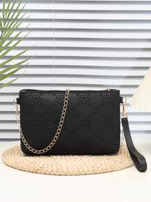 Mini PU Black Floral Embossed Minimalist Solid Color Shoulder Handbag With Chain - Black - View 3