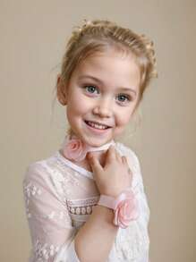 2pcs Girls Toddlers Rose Flower Bowknot + Wristband Bracelet 2-Piece Set, Baby Girl Bow Flower Outfit, Wedding Dress Decoration, Kids Party Accessory, Bridal Decor