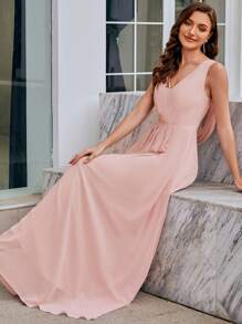 EVERPRETTY Elegant Solid Swing Back Neck Design Embroidery Applique Rhinestones Embellished Pleated Chiffon Draped Pink Bridesmaid Dresses Formal Dress Wedding Guest Dress - Baby Pink - View 8