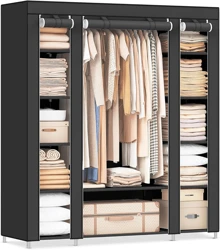Efoee 69 Inch Wardrobe Organizer, Bedroom Portable Wardrobe, Clothes Rail With Non-Woven Cover, Clothes Storage Rack, 58 X 17x 69 Inch, 12 Compartments, Black - 黑色 - 查看 1