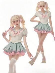 1pc Sweet Cute Girly JK School Uniform Set, Navy Collar Bow Decor Top And Pleated Contrast Color Skirt, Suitable For Photoshoot, Cosplay Halloween