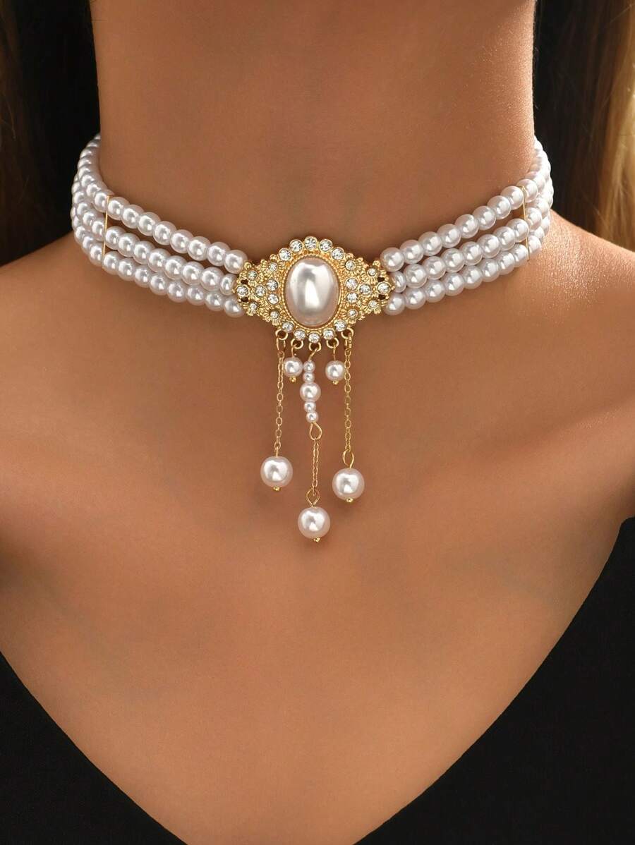 1pc Faux Pearl Multi-Layer Necklace, Suitable For Daily Wear - White - View 1