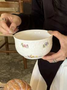 1pc French Retro Blue Rose Embossed Ceramic Cup, Saucer, Bowl, Serving Dish, Dinnerware, Dessert Plate