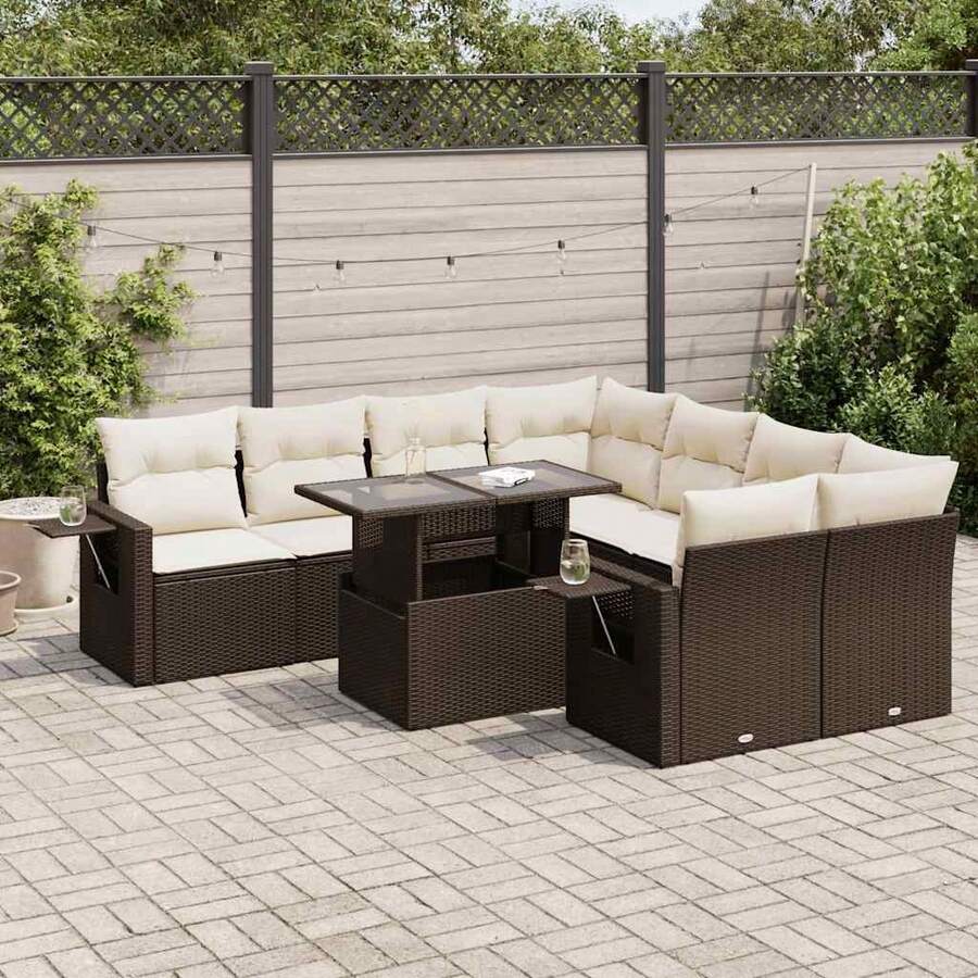 Salon de jardin avec coussins 9 pièces en résine tressée marron