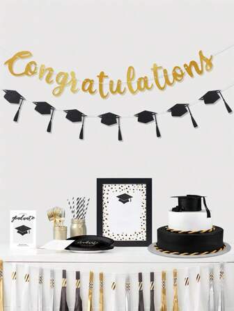 1 套黑金 2025 毕业拉旗、毕业帽式纸横幅、祝贺毕业毕业庆祝派对装饰家居装饰房间装饰、派对装饰、毕业装饰派对礼品、毕业背景装饰、背景装饰派对配件、毕业礼物、摄影道具