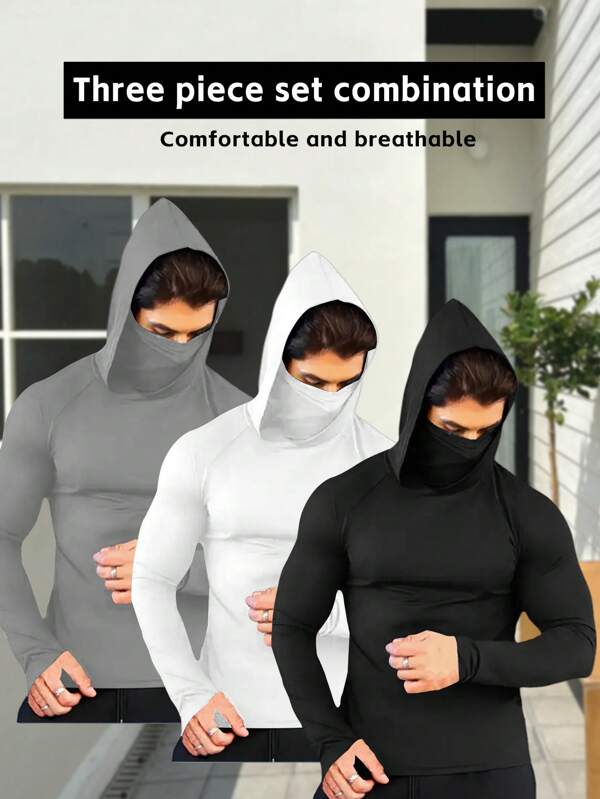 3pcs Men's Moisture Wicking Tight Fitting Long Sleeve Hooded Sports Tops For Running, Cycling, Gym, Outdoor Recreation
