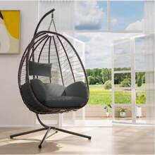 Egg Swing Chair Outdoor Indoor Wicker Rattan Hanging Chair With Stand 350lbs Capacity W/Strong Frame & Cushions For Patio Balcony Bedroom