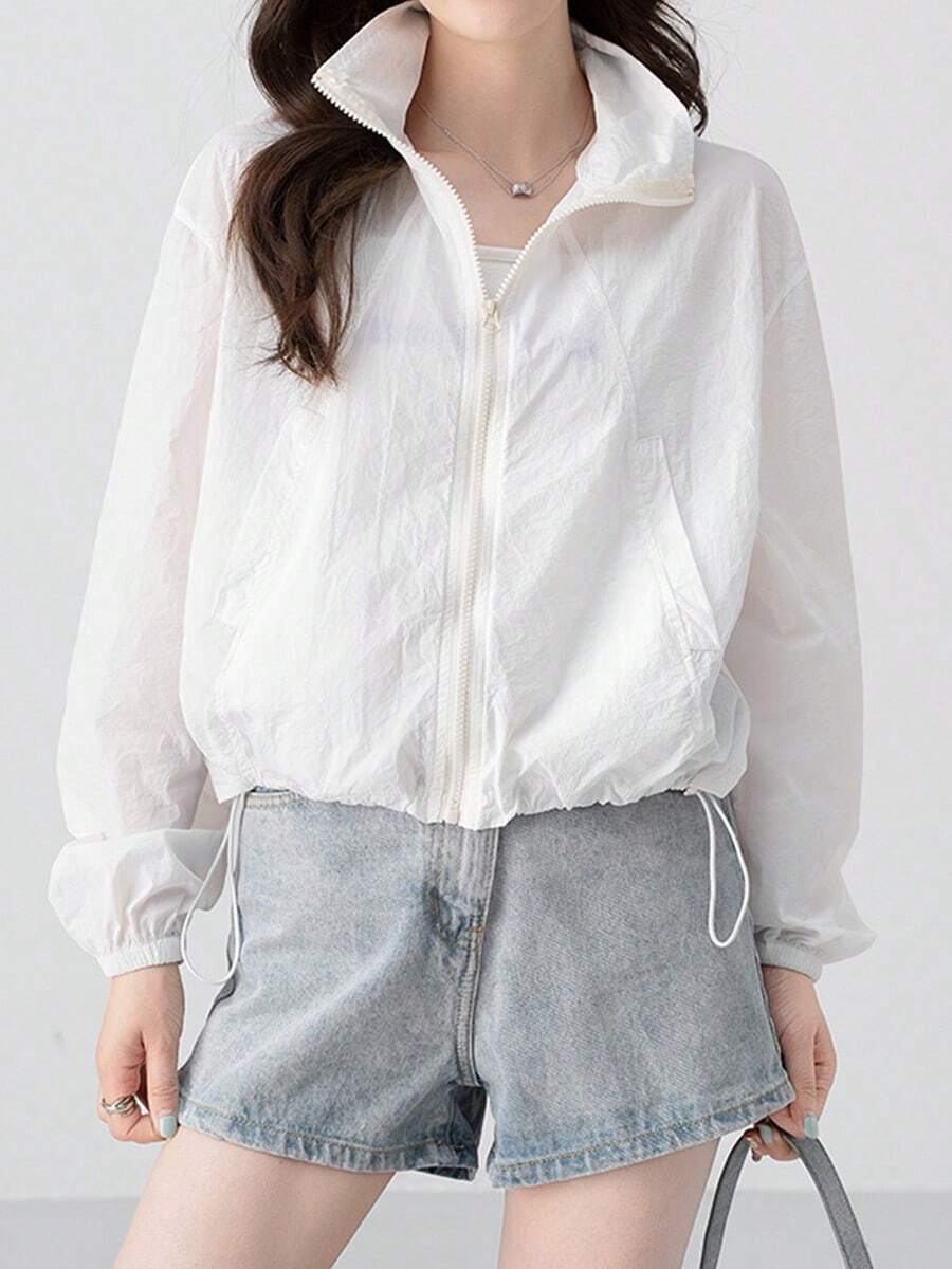 Las mujeres de primavera y verano cremallera chaqueta ligera delgada dobladillo cordón de cierre de la cintura - Blanco - Ver 1