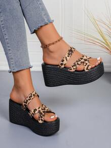 Women's Leopard Print Cross Strap Wedge Sandals, 2025 New Summer Open Toe Non-Slip Platform Sandals