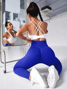 Women'S Seamless High-Elastic Sports Leggings, High-Waist Ribbed Booty Lifting Running Tight Workout Capri Pants Tights Spring - Royal Blue - View 3