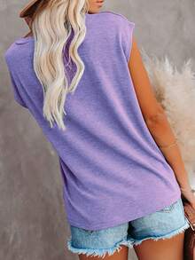 Women's Solid Color Batwing Sleeve T-Shirt, Summer Loose Casual Top With Pocket Patchwork - Lavender Purple - View 2