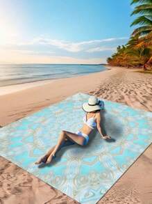 1pc New Blue And White Lightweight Beach Blanket Multipurpose Waterproof And Sandproof Rug Geometric Flower Digital Print Picnic Blanket Beach Essentials