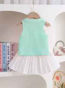 2 件套女婴蝴蝶结装饰马球领无袖上衣和百褶裙套装，可爱优雅街头风格 - 綠色 - 查看 2