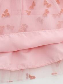 2 件套小女孩甜美 3D 花卉领无袖上衣和蝴蝶结刺绣薄纱裙套装，夏季 - 藍色 - 查看 5