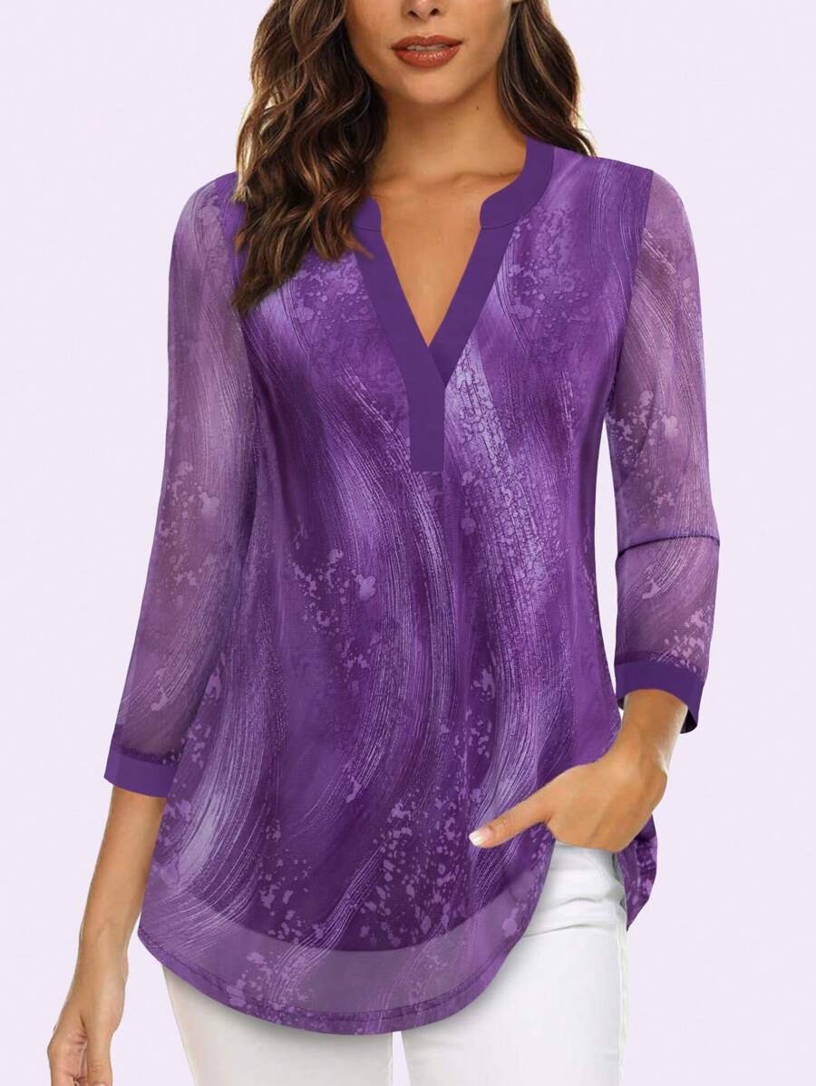 CheersLife 女士七分袖V领休闲连衣裙，配多层网纱腰带系带上衣，春季款 - 紫丁香色 - 查看 1