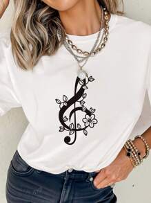 Women's Musical Notes Printed T-Shirt Summer Short Sleeve Casual T-Shirt Funny Women's White Round Neck Top, Western Women's Outfits, Mom Gift, Music Festival