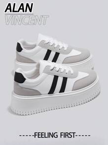 Alan Vincent [Thick Sole Heightening Series]White And Black Shoes For Women 2025 Spring New Thick-Soled Sports Shoes Fashionable Height Increasing Shoes Casual Sneakers Women Outdoor Party Shoes Ladies Shoes Cortez Student Girls Shoes Everyday All-Match And Comfortable Pair With Various Pants And Jeans