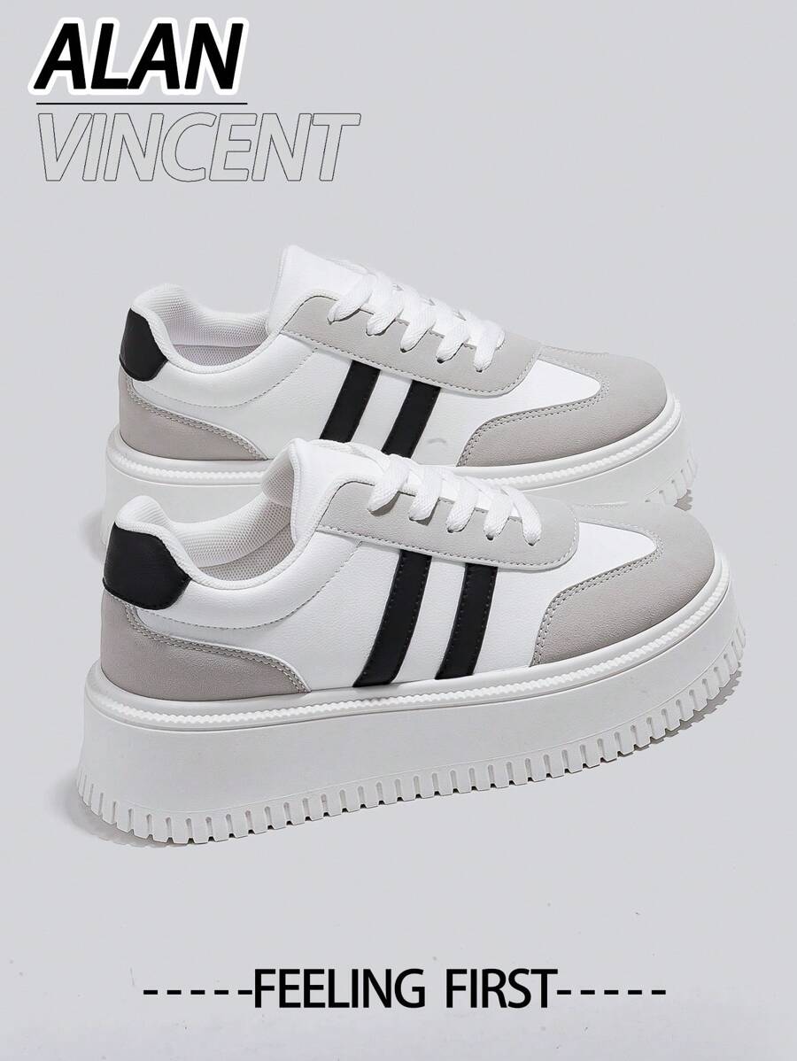 Alan Vincent [Thick Sole Heightening Series]White And Black Shoes For Women 2025 Spring New Thick-Soled Sports Shoes Fashionable Height Increasing Shoes Casual Sneakers Women Outdoor Party Shoes Ladies Shoes Cortez Student Girls Shoes Everyday All-Match And Comfortable Pair With Various Pants And Jeans