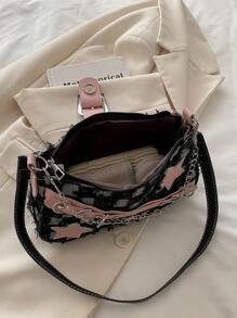 Y2K Fashionable Multi-Function Star & Moon Decor Unique Pink Chain Shoulder Bag,Women Baguette Bag, Niche Fashion Design, Steampunk, Goth, Lady's Bag - Black - View 6