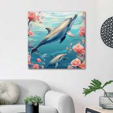 1 Piece Home Decor Wall Framed Canvas Sea Dolphin Pattern Home Decor Framed Canvas Wall Art Paintings For Living Room - Canvas Framed Print Wall Artworks Bedroom Decoration Office Wall Decor