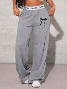 Women High Waisted Loose Leg Sweatpants With Pockets And Bowknot Graphic, Summer - Grey - View 1