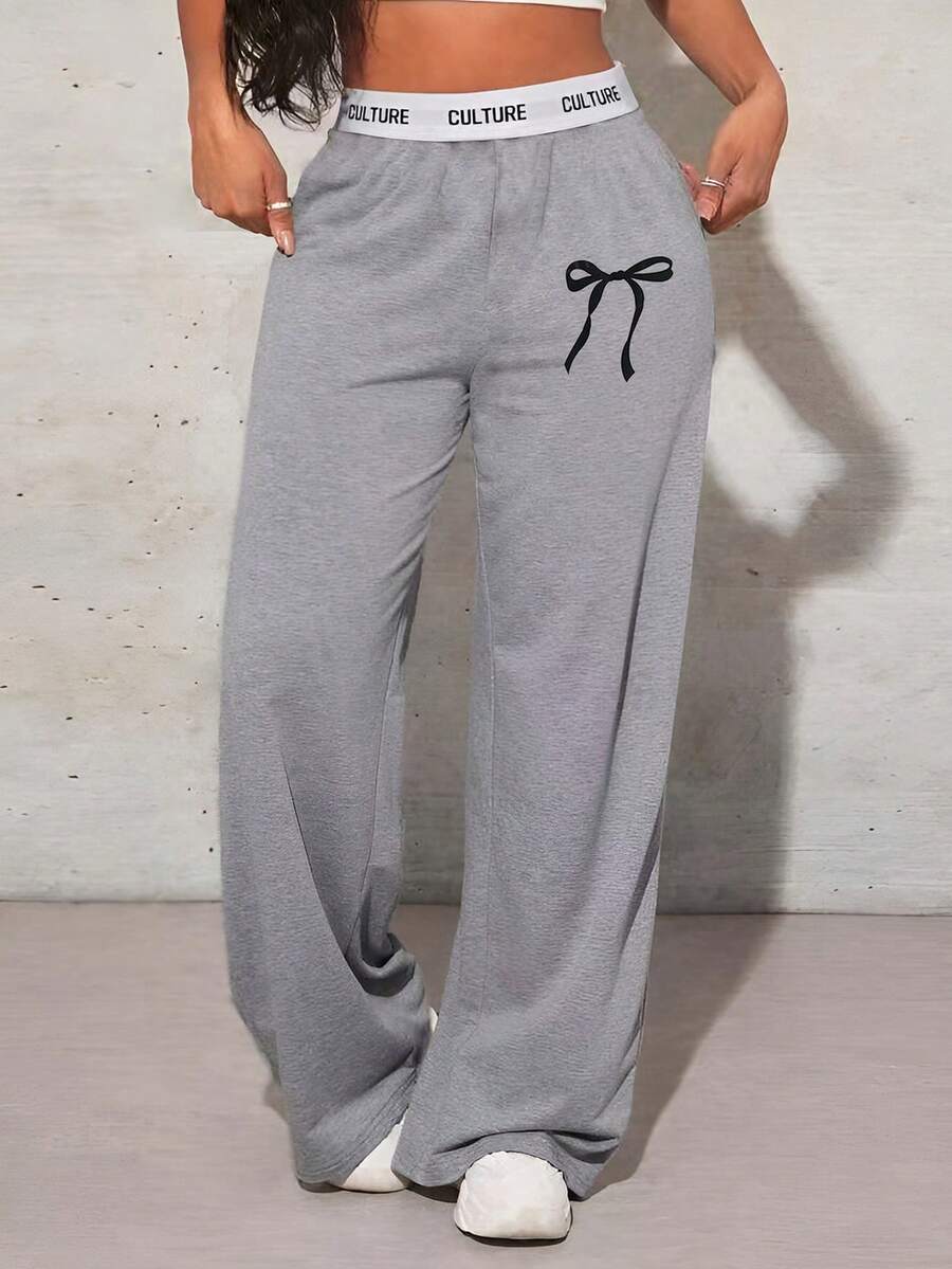 Women High Waisted Loose Leg Sweatpants With Pockets And Bowknot Graphic, Summer - Grey - View 1