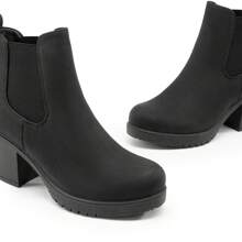 Women's Chunky High Heel Chelsea Ankle Ladies Boots Stylish Suede Fashion Shoes - Black-pU - View 10