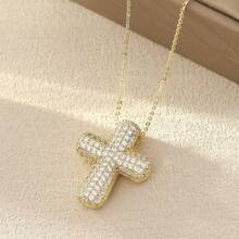 1 Pc Luxury Simple Cubic Zirconia Bubble Cross Necklace, Exquisite Gold Cross Necklace Clavicle Chain, Suitable For Women/Girls Daily Wear