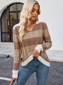 Jersey casual de cuello en V a rayas en degradado color camello - Café integral - Ver 5