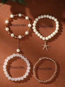 4pcs/Set Bohemian Ocean Beach Style Starfish Pendant Multi-Layer Beaded Asymmetrical Bracelets - Pink Beaded Starfish Bracelet - View 4