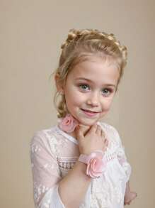 2pcs Girls Toddlers Rose Flower Bowknot + Wristband Bracelet 2-Piece Set, Baby Girl Bow Flower Outfit, Wedding Dress Decoration, Kids Party Accessory, Bridal Decor