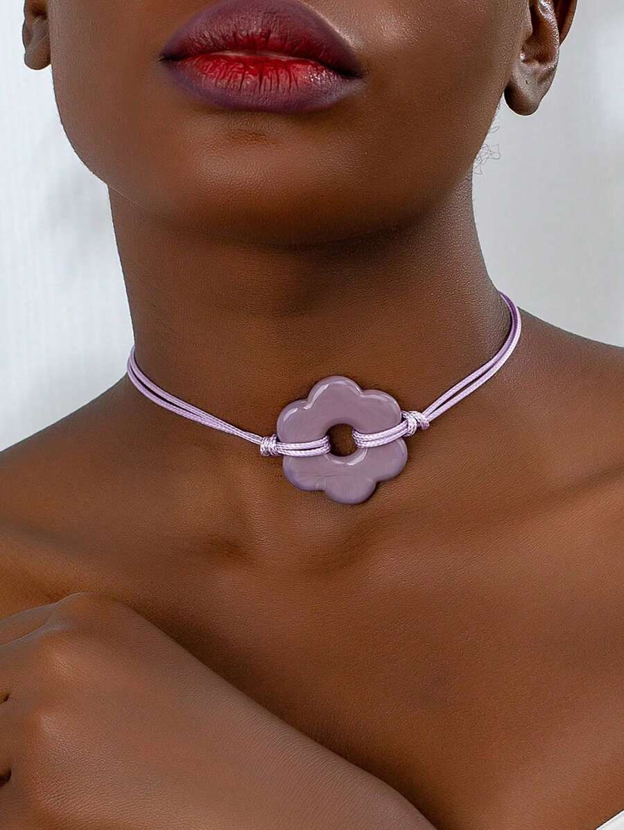 1pc Handmade Glass Flower Choker Cord Necklace For Women (Colors And Patterns Are Random) - Purple - View 1