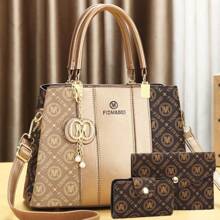 3 件套女士时尚手提包 - 带钱包的多功能休闲手提包，咖啡棕色，仿皮革，拉链开合，印花，带细绳设计 - 适合女士 - 适合日常使用、购物、约会 - 送给她的完美礼物 - 棕色 - 查看 1