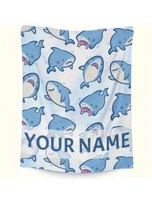 1pc Personalized Flannel Blanket With Cartoon Shark Graphic, Decorative Blanket For Sofa, Living Room, Bedroom Home Decor, Extra Thick & Soft, Suitable For All Seasons, Great Gift For Family & Friends