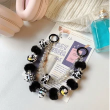 New Autumn/Winter Beaded Fuzzy Rings, Hand-Painted Pearl Double Chain Phone Strap, Car Key Chain, Bag Embellishment, Assorted Beaded Phone Charm