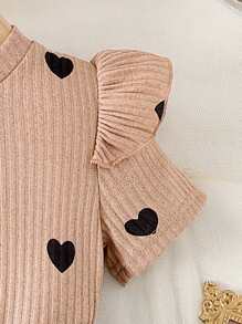 2pcs/Set Young Girl Elegant Cap Sleeve T-Shirt With Heart Print And Bow Decorated Skort Outfit, Summer