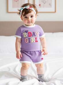 Toddler Girl Birthday Outfits Letter Embroidery Short Sleeve Round Neck T-Shirt + Elastic Waist Shorts 2 Pcs Set - Purple - View 2