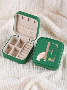 1pc Caixa de joias rosa com flores rosas, caixa de joias de viagem da moda com letras de ouro rosa, caixa de joias de viagem de presente personalizada, presentes de aniversário para mulheres, presentes de Natal para meninas adolescentes, iniciais, caixa de joias de viagem A-Z