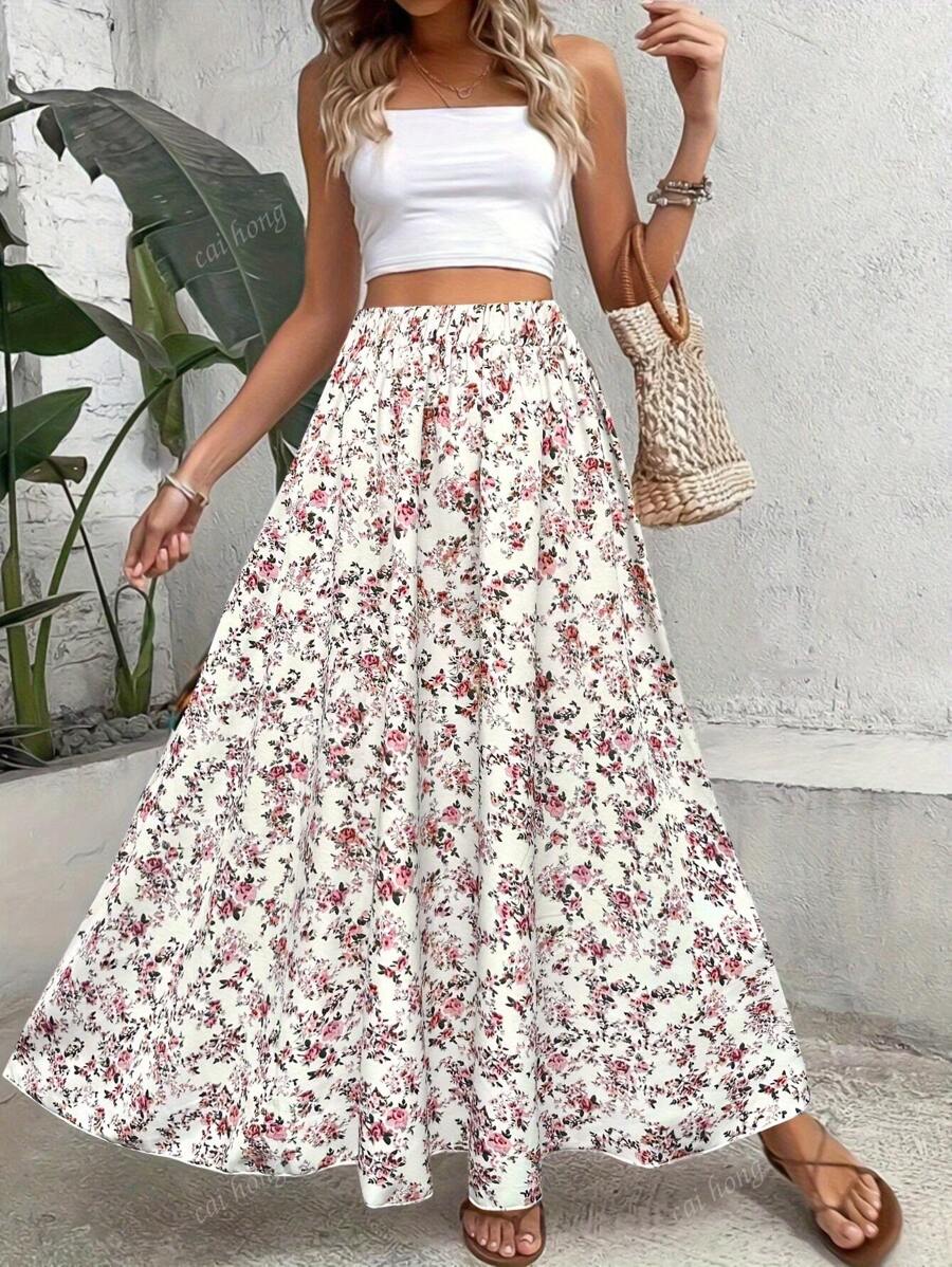 Floral Print Elastic Waist Skirt, Casual A-Line Skirt For Spring & Summer, Women Clothing
