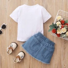 2PCS Toddler Newborn Kids Girls Letters Print Tops Pockets Denim Ripped Jeans Skirts Dress Infant Party Outfits Kids Clothes Set - White - View 2