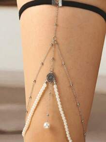 1pc ABS Faux Pearl Leg Chain Sexy Snake Shape Rhinestone Metal Leg Chain (Gold, Silver) - Silver - View 8