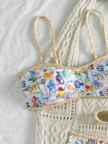 两件套女士印花搭配平胸比基尼，可拆卸肩带适合海岛度假摄影